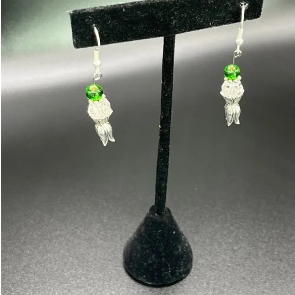 NWOT-Silver-tone TulipInspired Fishhook Earrings w/ Clear Swarovski & Green Bead